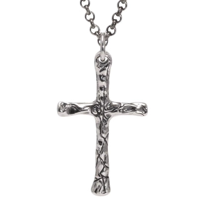Textured 925 sterling silver cross pendant on chain, front view