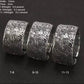 Three adjustable 990 fine silver dragon rings in US sizes 7–8, 9–10, and 11–13, shown side by side with engraved dragon details.