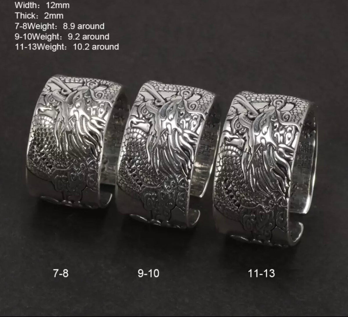 Three adjustable 990 fine silver dragon rings in US sizes 7–8, 9–10, and 11–13, shown side by side with engraved dragon details.