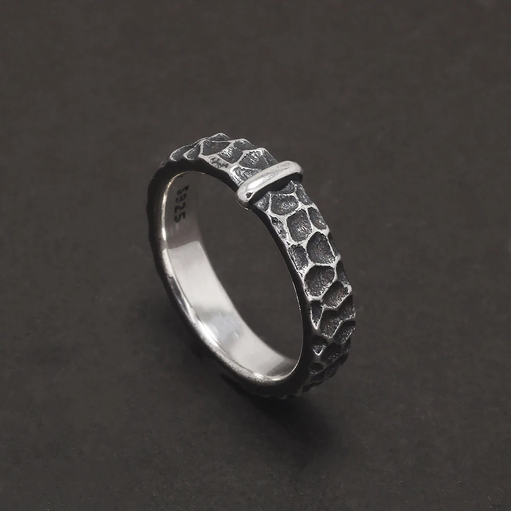 Top angle view showing rustic texture on silver Outlander band