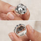 Two-part composite image of a person holding the ring
Top: Front view held between fingertips showing the sculpted details.

Bottom: Inner band view showcasing the inner engraving and S925 hallmark.