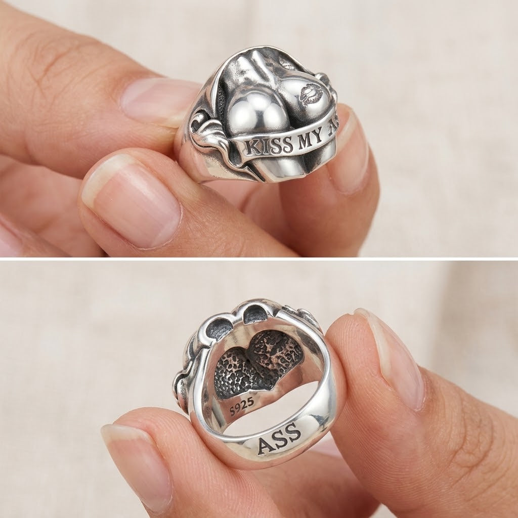 Two-part composite image of a person holding the ring
Top: Front view held between fingertips showing the sculpted details.

Bottom: Inner band view showcasing the inner engraving and S925 hallmark.