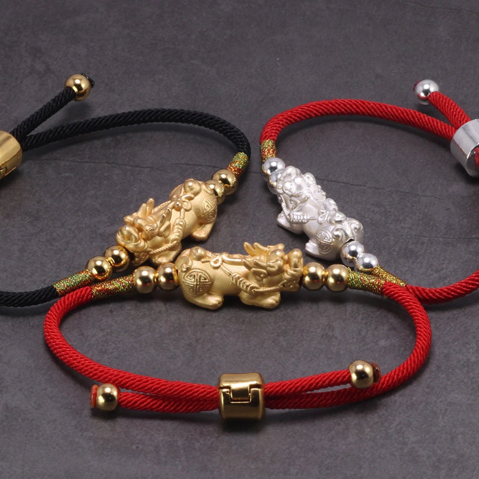 adjustable rope pixiu bracelet red and black set