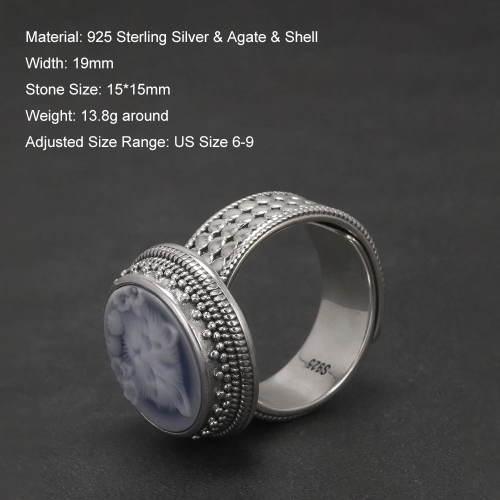 adjustable silver blue agate cameo ring