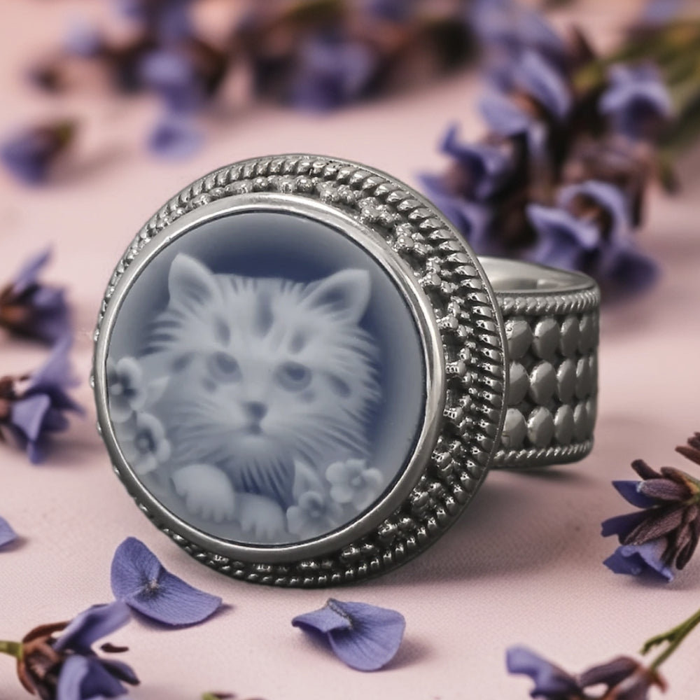 adjustable sterling silver cat ring with lavender 