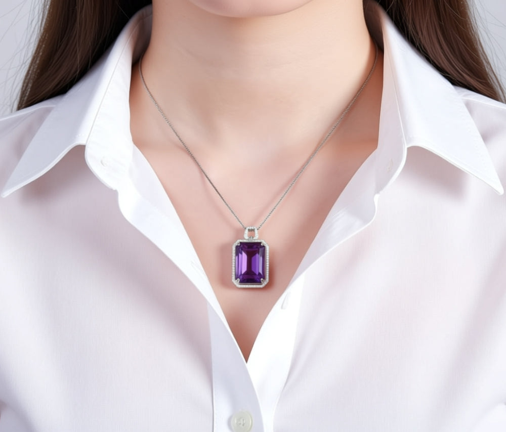 amethyst pendant on model