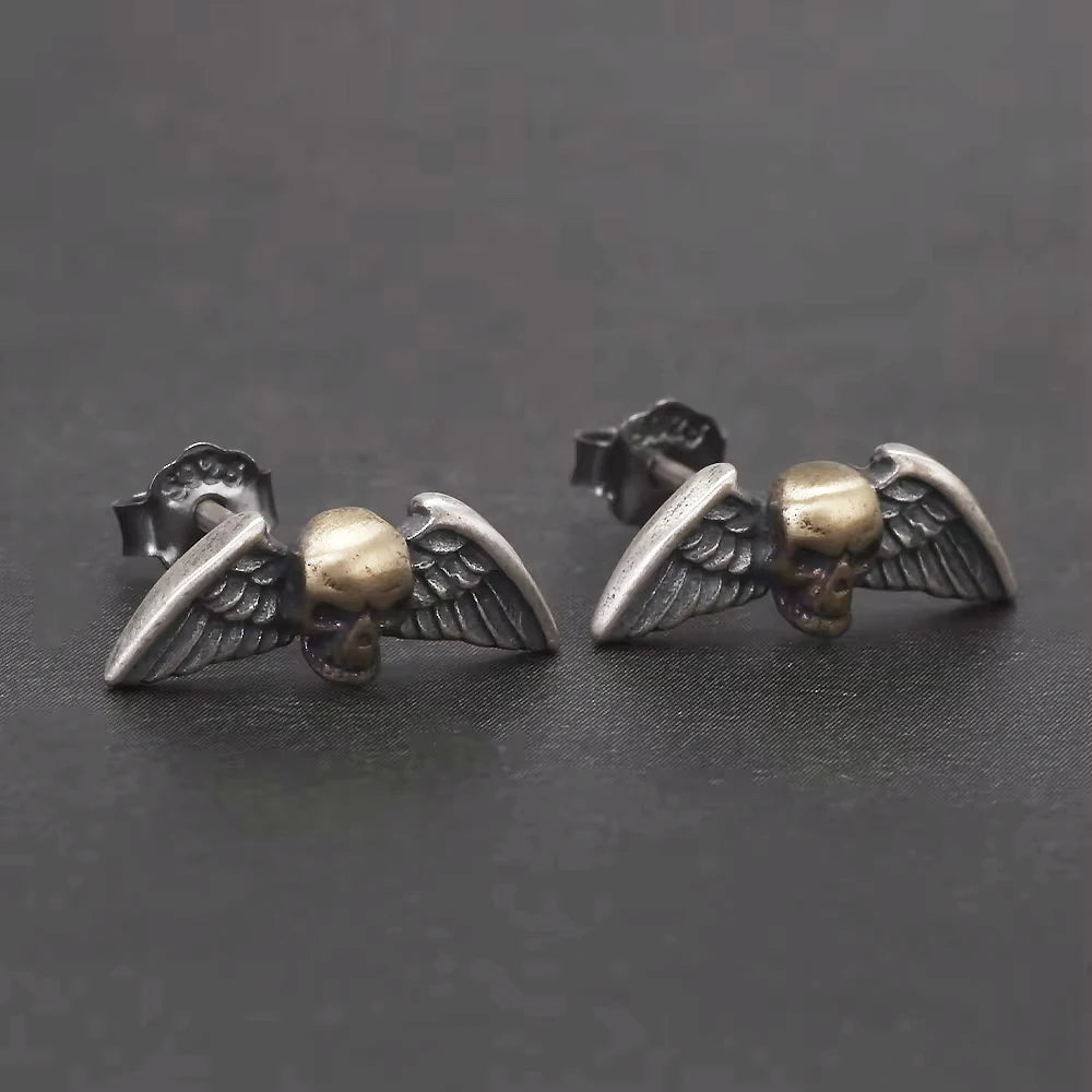 angel wing skull stud earrings sterling silver