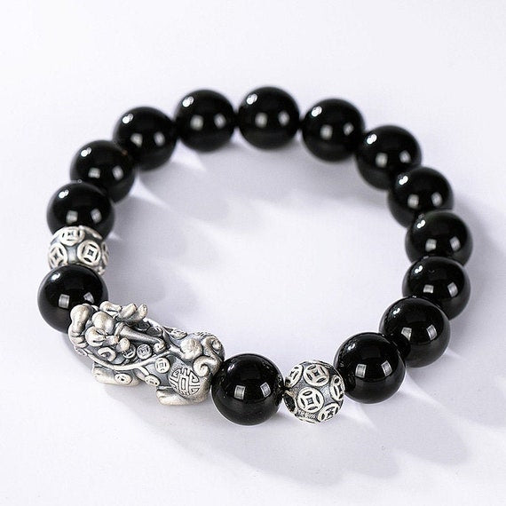 black obsidian pixiu bracelet front view