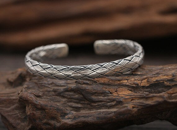 braided silver cuff bracelet front
