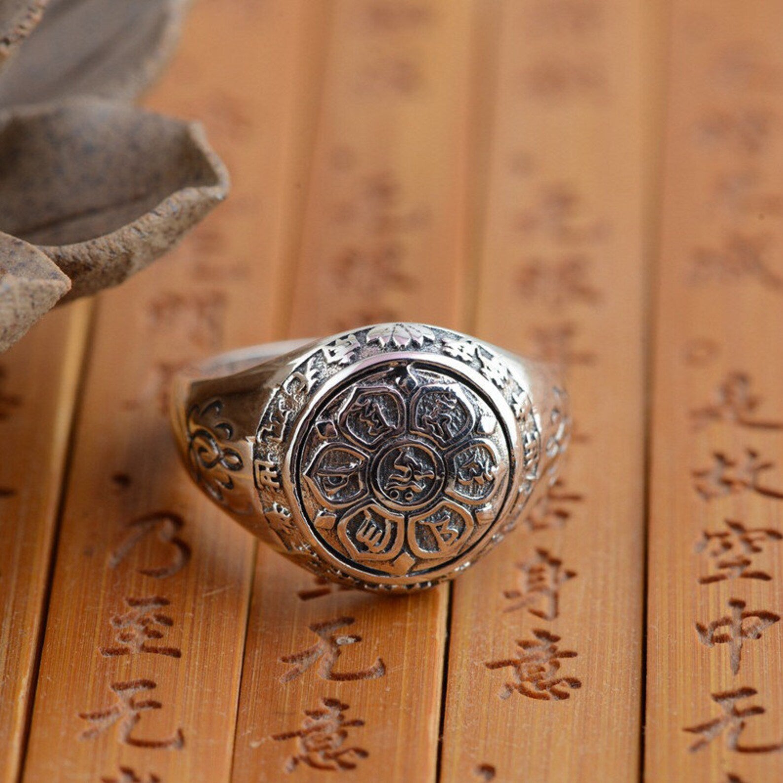 OM Buddhist Mantra Ring in 925 Sterling Silver | Lotus Mandala