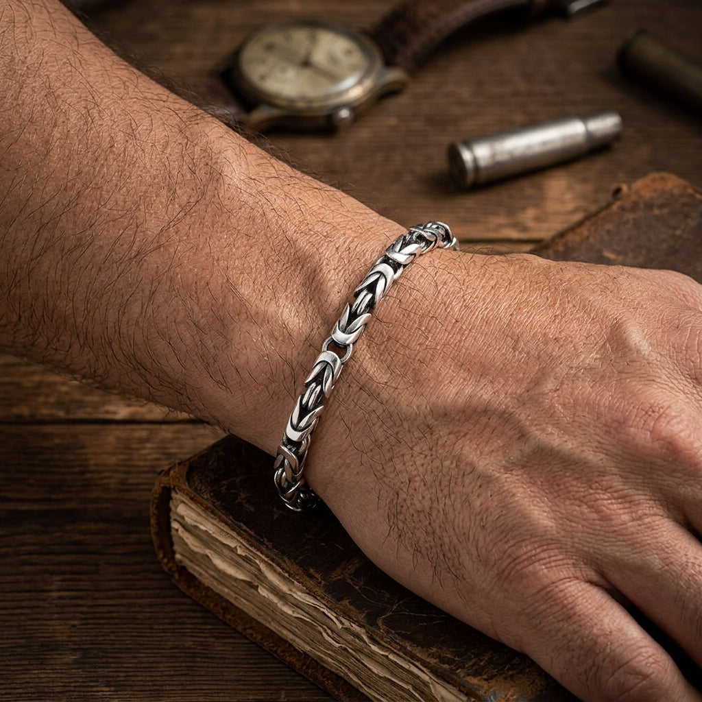 byzantine chain bracelet worn on man wrist