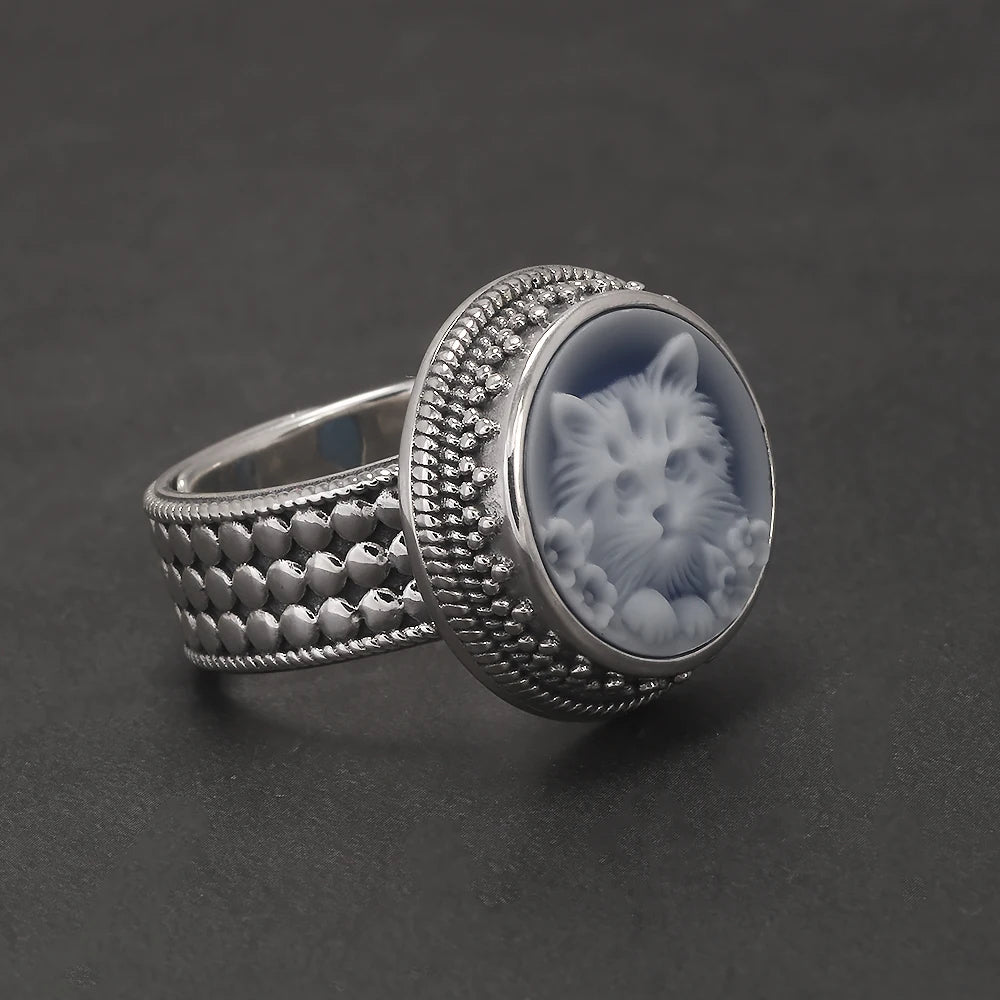 carved cat cameo adjustable sterling silver ring