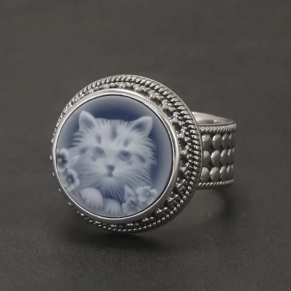 cat cameo ring front view on neutral background