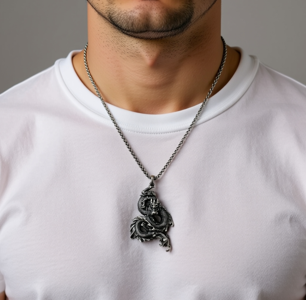 dragon pendant necklace on male model