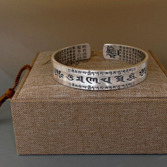 front view S999 silver buddhist mantra bracelet for men and women