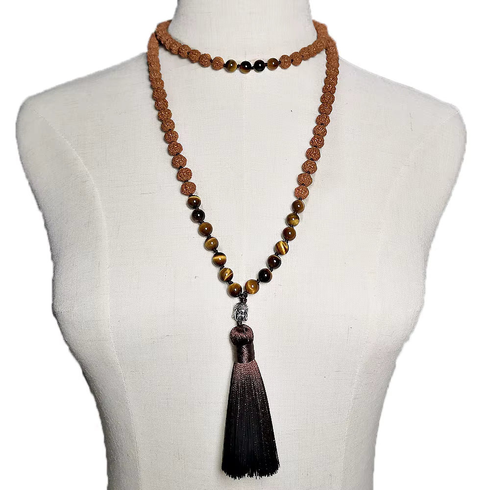 hand knotted 108 mala shown on mannequin