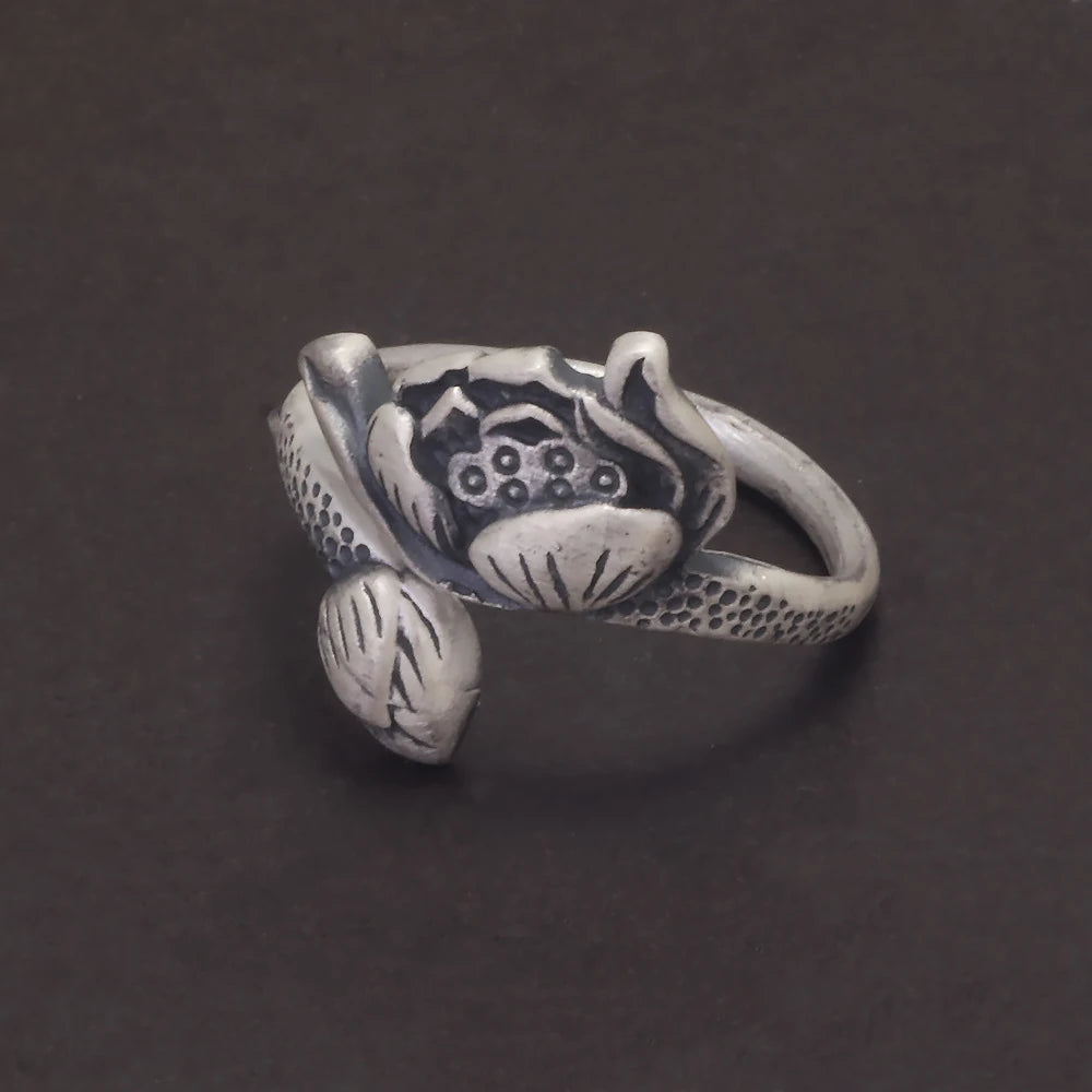 handcrafted adjustable lotus ring sterling silver