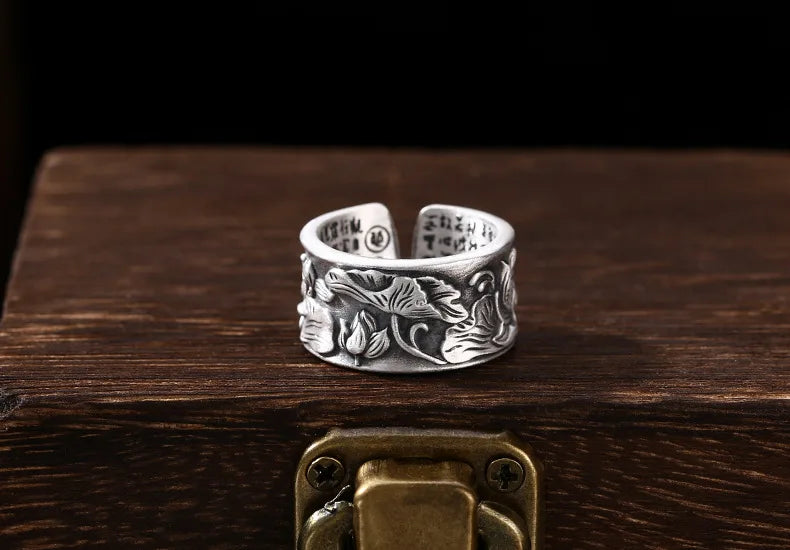 heart sutra lotus ring silver