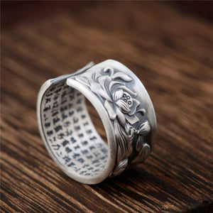 Engraved Sutra Buddhist Mantra Lotus Ring ~ Sterling Silver