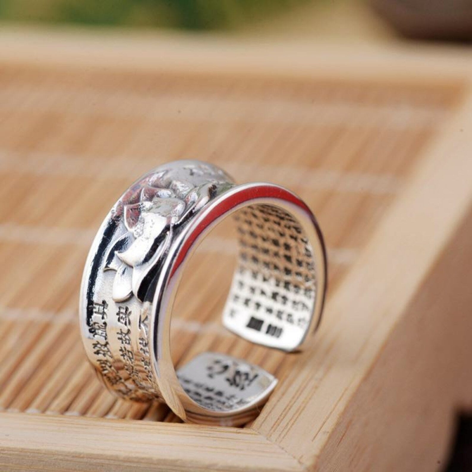 Silver Heart Sutra Lotus ring 10mm wide