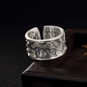 Engraved Sutra Buddhist Mantra Lotus Ring ~ Sterling Silver