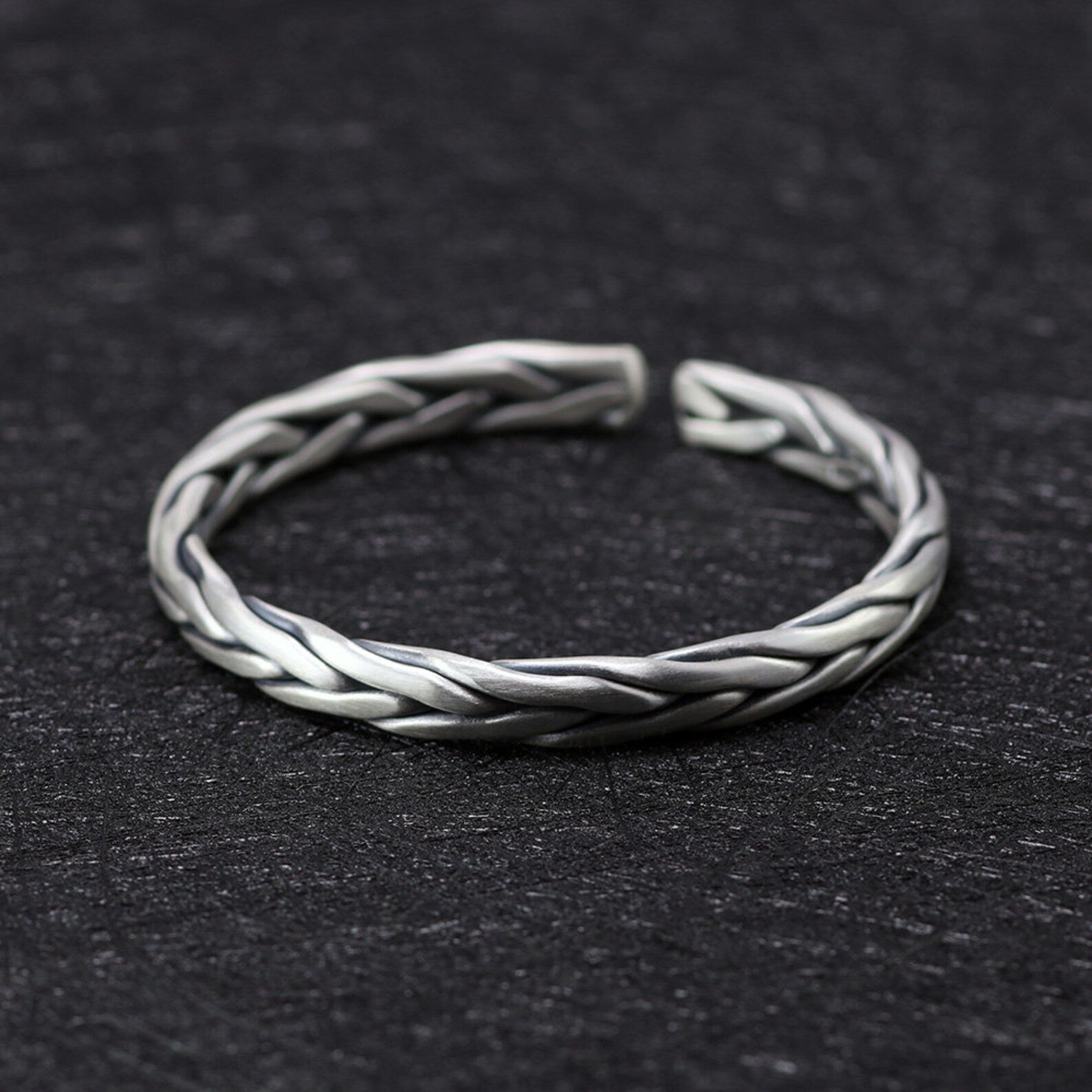 Men's Silver Woven Cuff Bracelet left