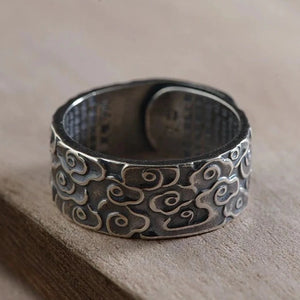 silver lucky clouds heart sutra ring front