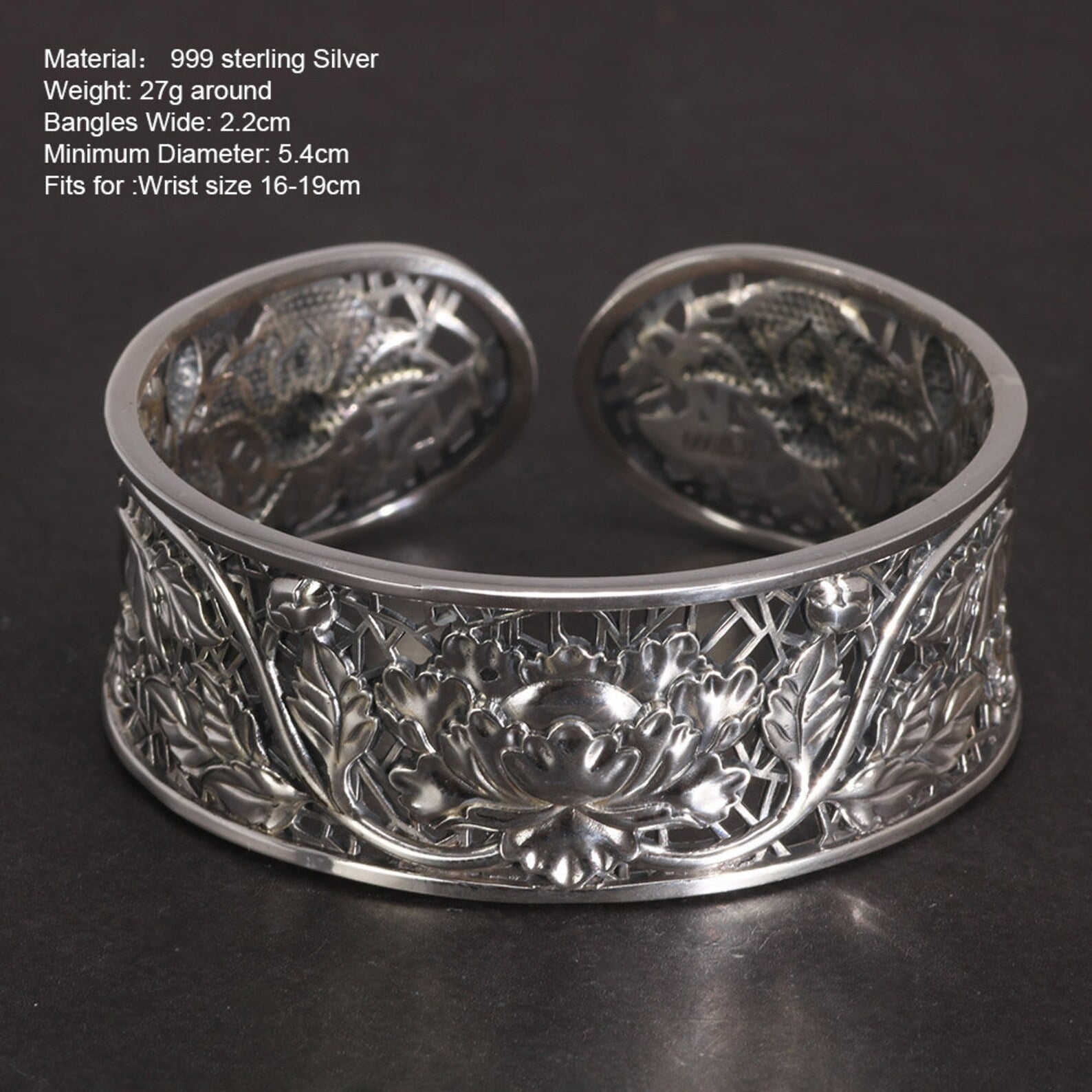 Sterling Silver Wide Engraved Lotus Flower fashion Bangle Bracelet