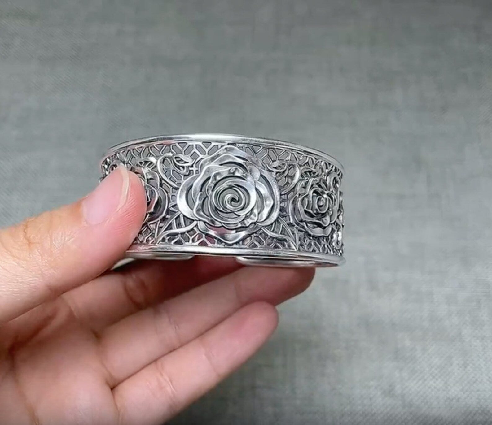 Sterling Silver Rose Cuff Bracelet front