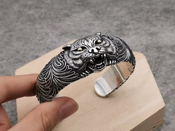 Sterling Silver Tiger Bracelet Men's Silver Bracelet hand