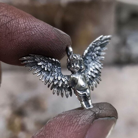 sterling silver Protection Guardian angel pendant big wings