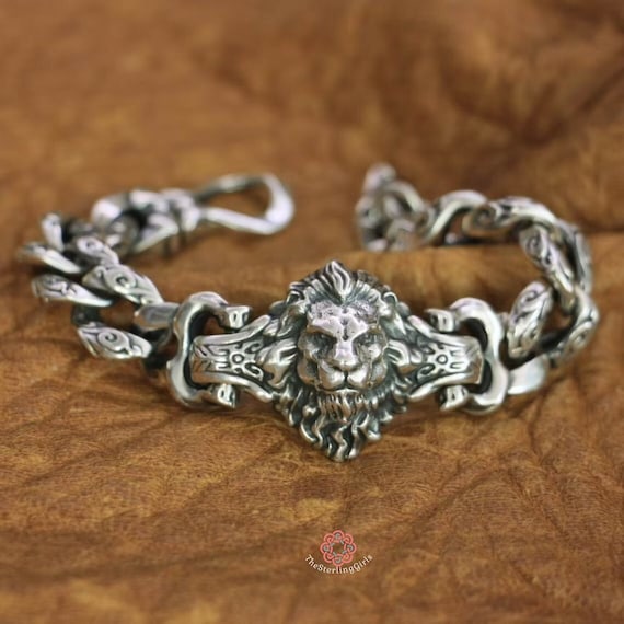 silver lion bracelet men
