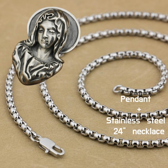 Sterling Silver Virgin Mary Pendant necklace 24 inch