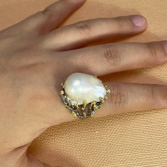 Sterling Silver Etruscan Style Ring Baroque Pearl outlet & Rhinestone