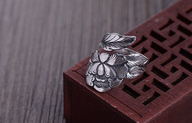 Sterling Silver blooming Peony Spoon Ring  