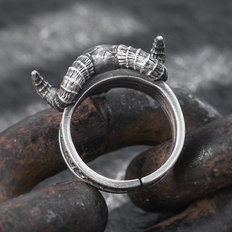 skull ram ring sterling silver top view 