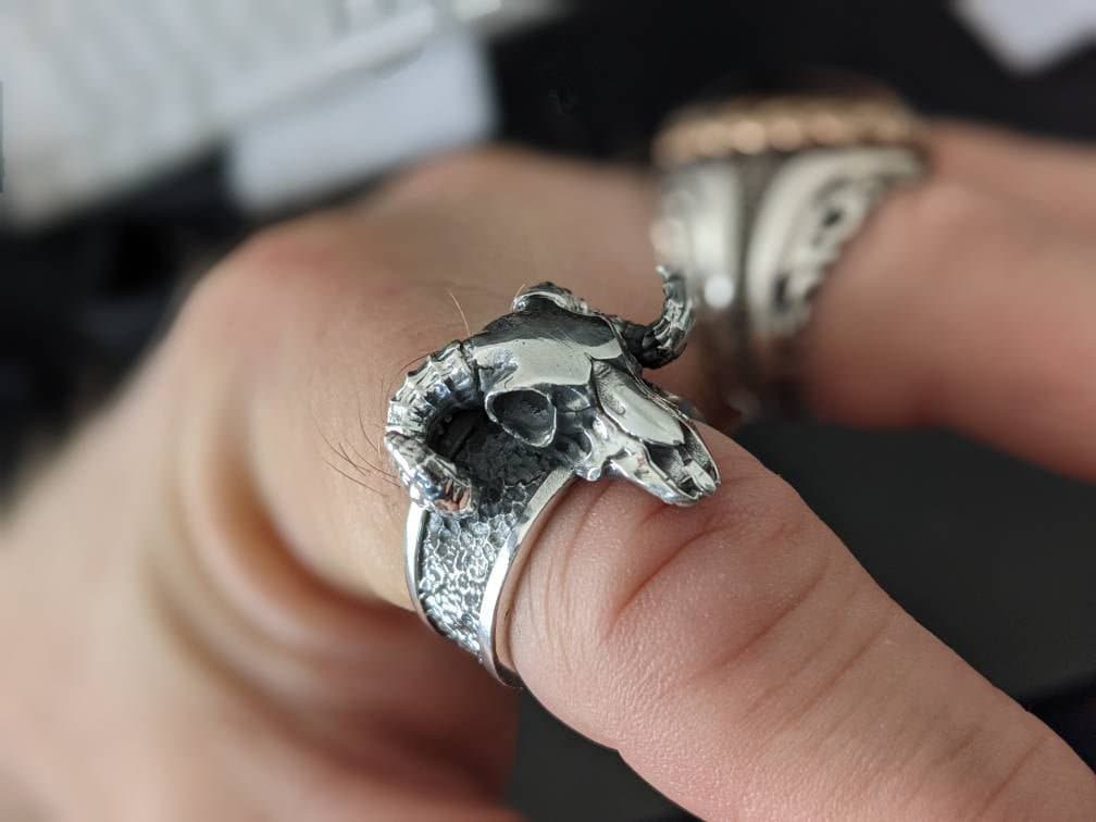 Silver Gothic Goat Ram Skull ring