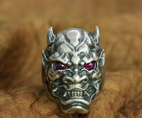 Oni Mask Hannya Ring sterling silver pink eyes