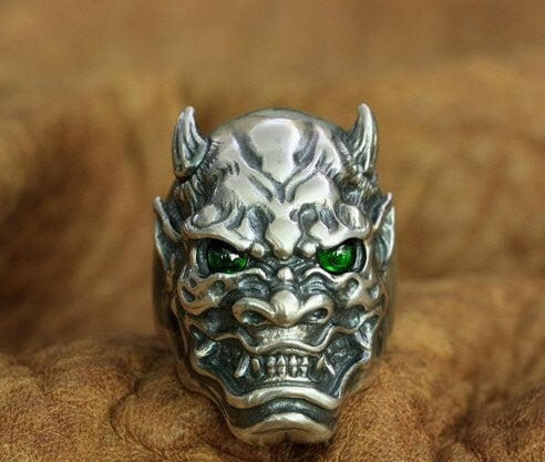 Oni Mask Hannya Ring sterling silver green eyes