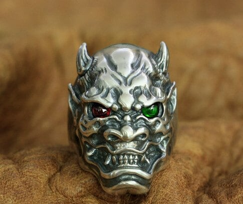 Oni Mask Hannya Ring sterling silver red green eyes