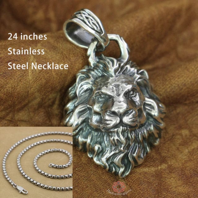 Silver Lion Pendant with chain Necklace Men