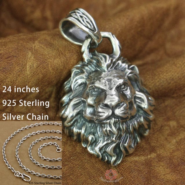 Sterling Silver Lion Pendant Necklace 24 inch