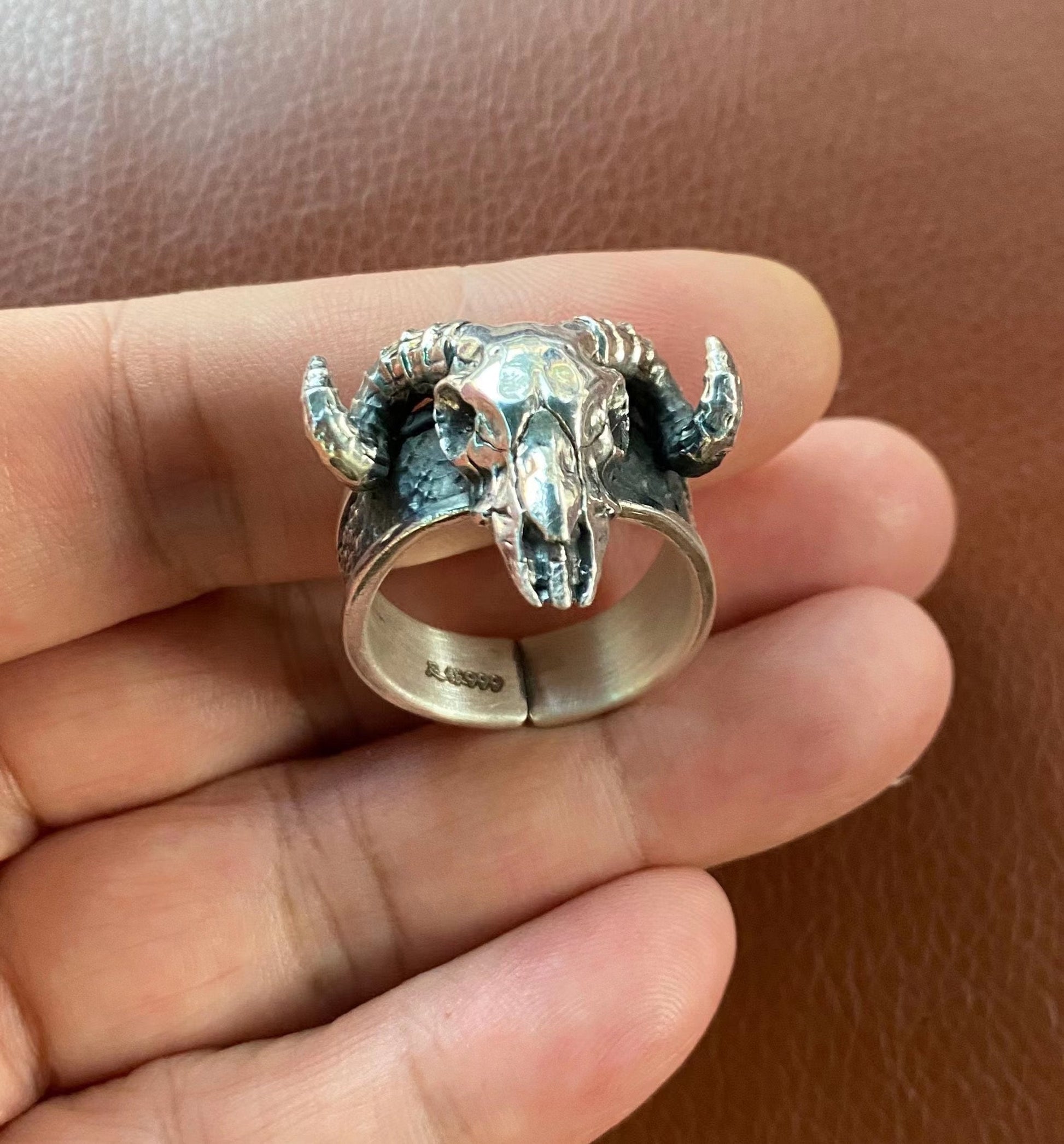 skull ram ring sterling silver front