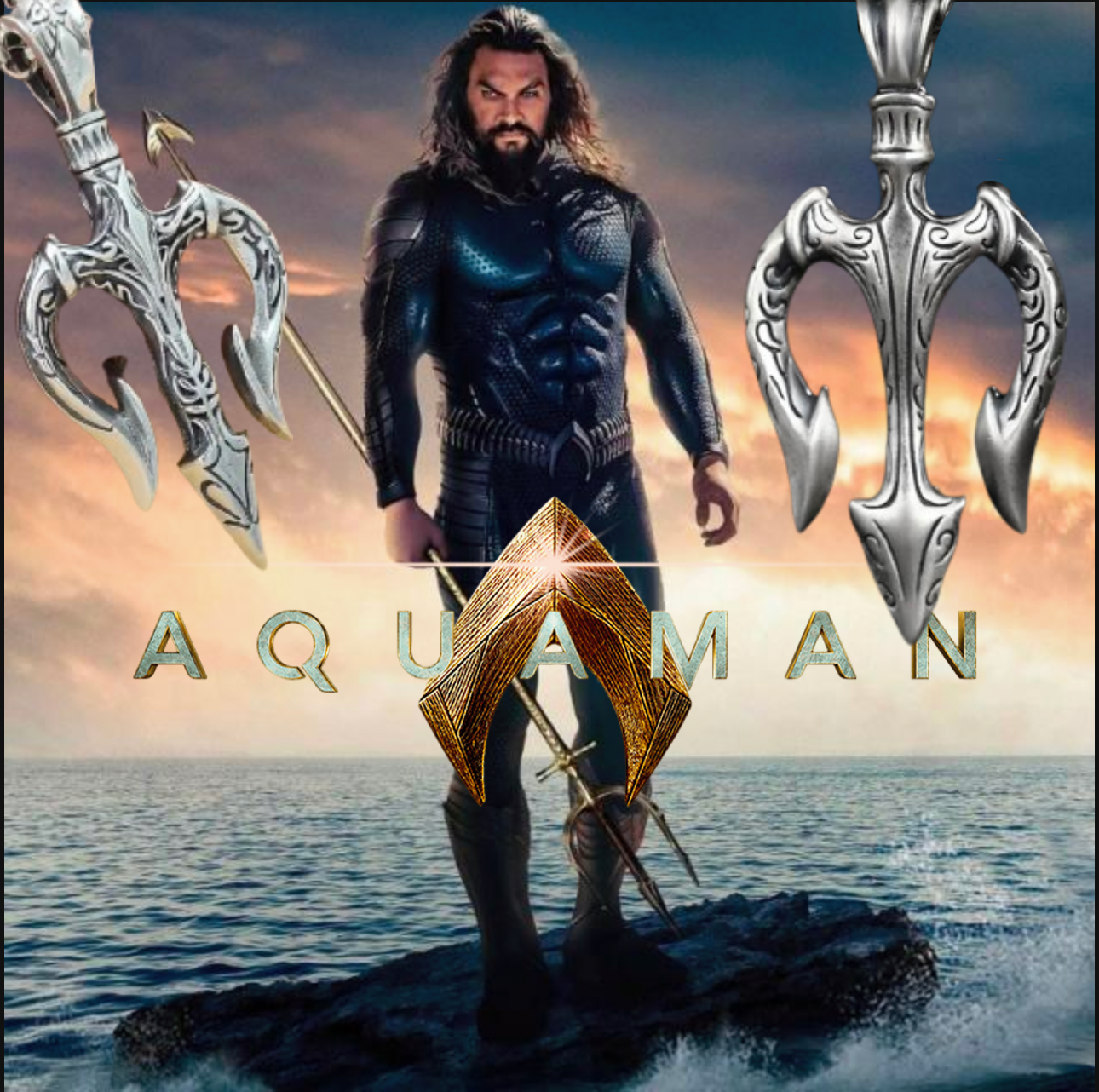 Sterling Silver DC Aquaman Trident Pendant Necklace God of Sea Poseidon Trident