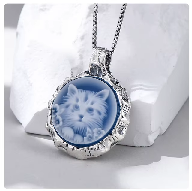 blue Agate Cat Cameo Necklace