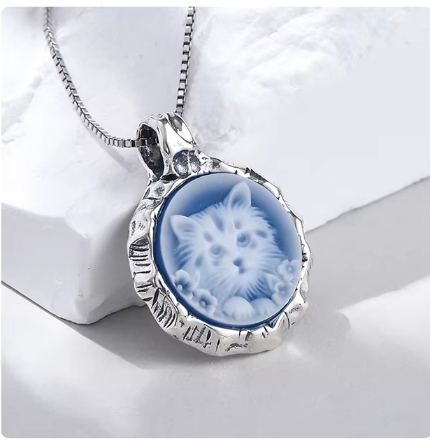 cat cameo necklace blue agate