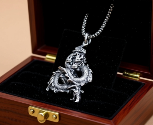 large sterling silver dragon pendant inside jewelry box