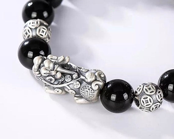 lucky obsidian bracelet with silver pixiu