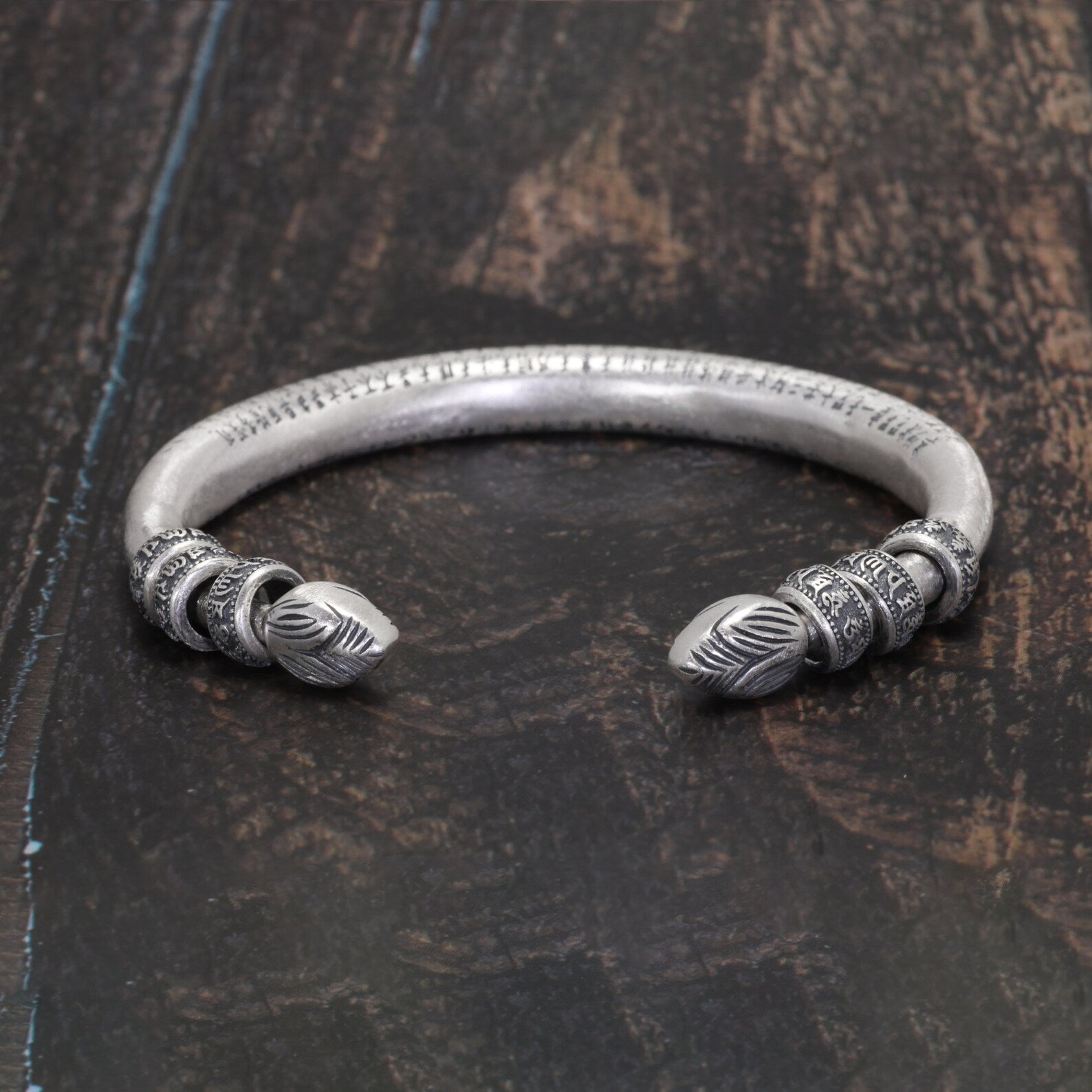 mantra engraved cuff bracelet detail