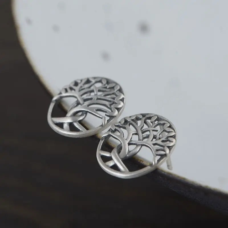 minimalist silver tree earrings side angle